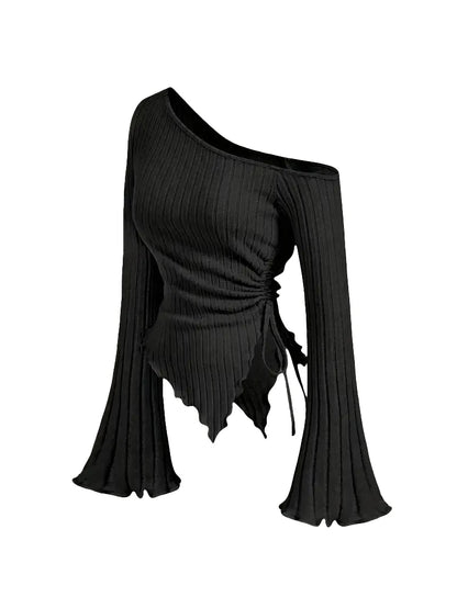 Women'S New off Shoulder Cross Long Sleeved Slim Fit Casual Street Style Asymmetrical Elegant T-Shirt Trumpet Sleeve Top