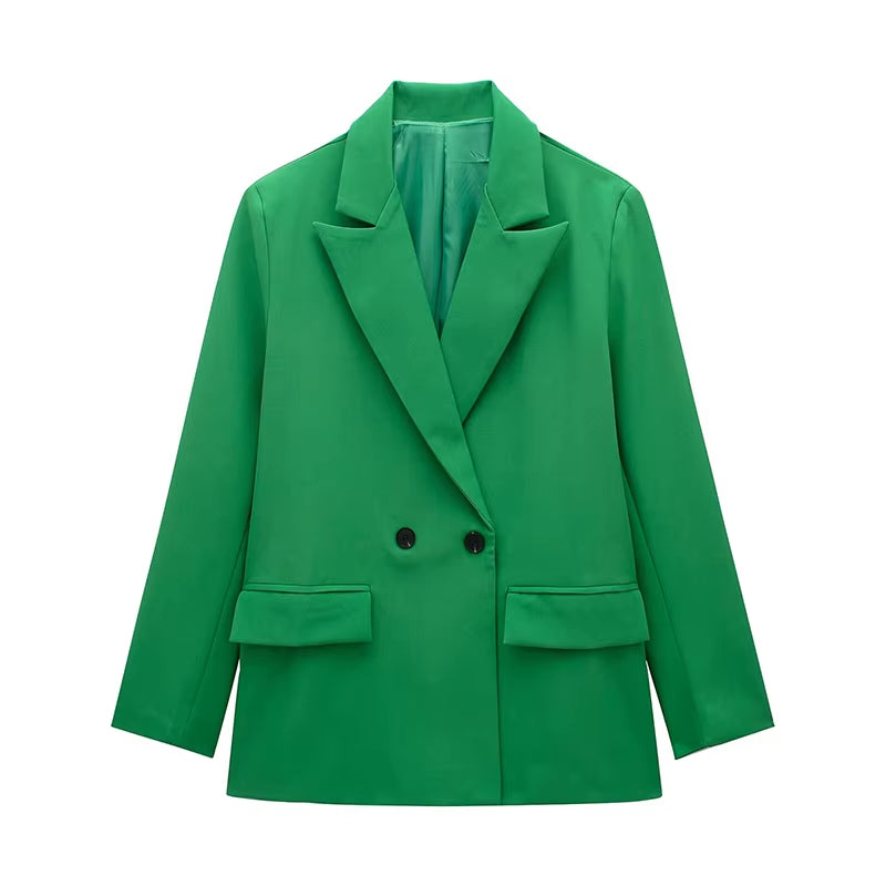 Women Fashion with Pockets Solid Double Breasted Blazer Vintage Long Sleeves Notched Neck Female Office Lady Outfits