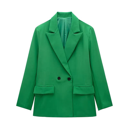 Women Fashion with Pockets Solid Double Breasted Blazer Vintage Long Sleeves Notched Neck Female Office Lady Outfits