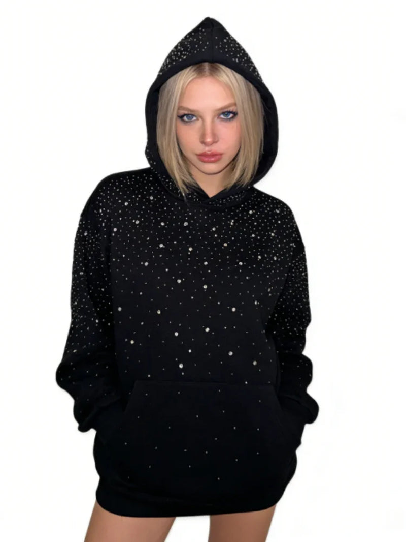 Rhinestone Studded Oversized Hoodie Women & Men Sparkle Starry Print Pullover Fall Winter Y2K Streetwear Punk Aesthetic