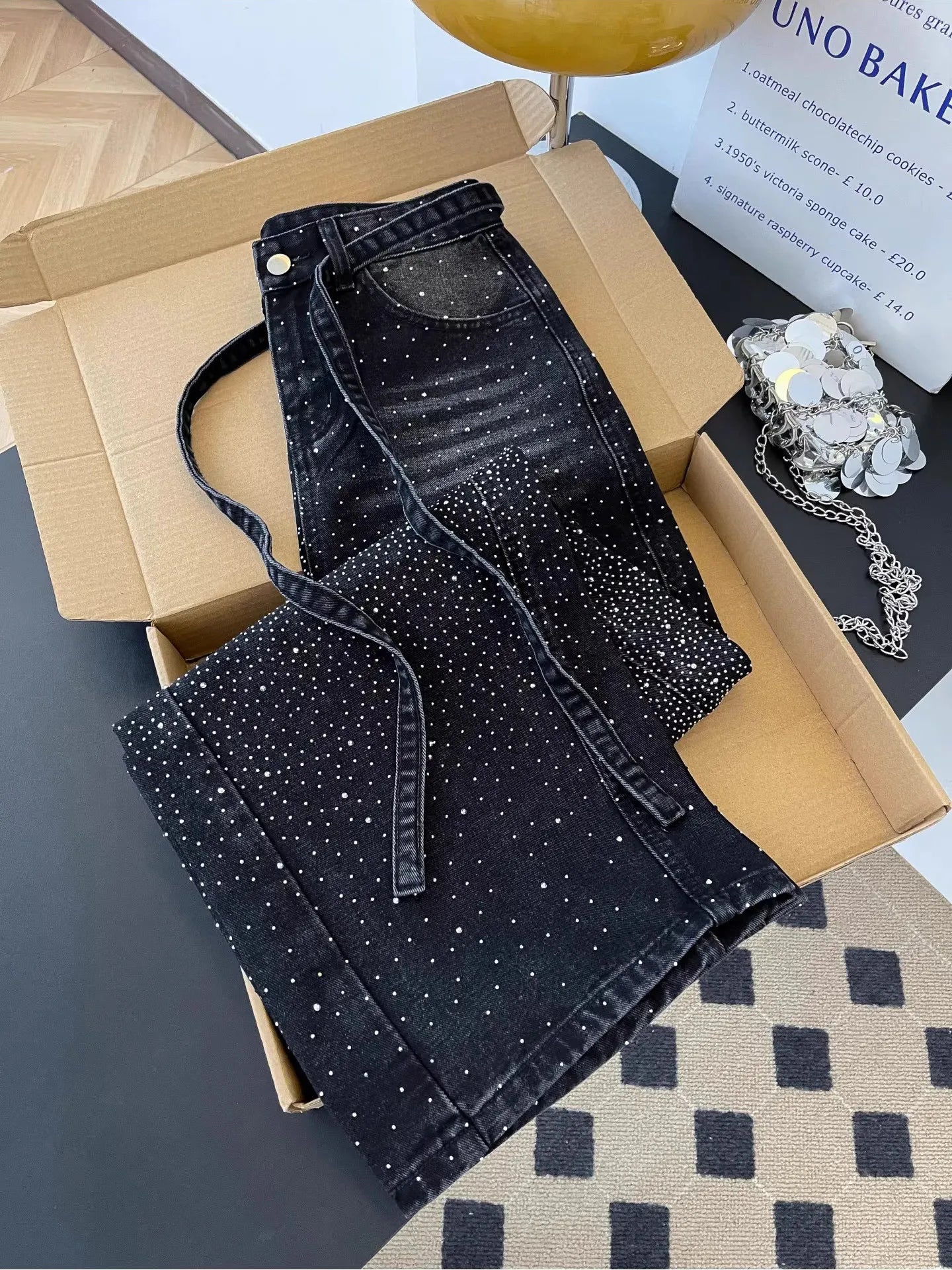 Glittering Rhinestone Denim Pants Women'S Jeans New Wide Leg Design Sensation Floor-Length Pants Loose Jeans