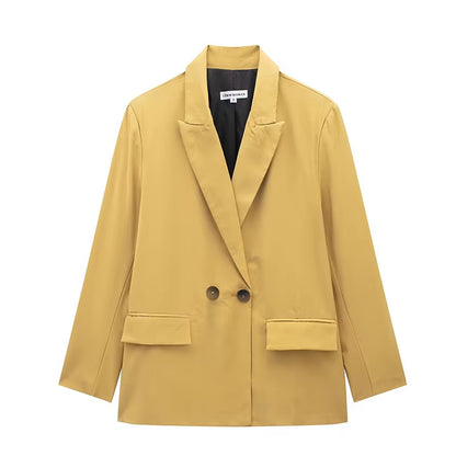 Women Fashion with Pockets Solid Double Breasted Blazer Vintage Long Sleeves Notched Neck Female Office Lady Outfits