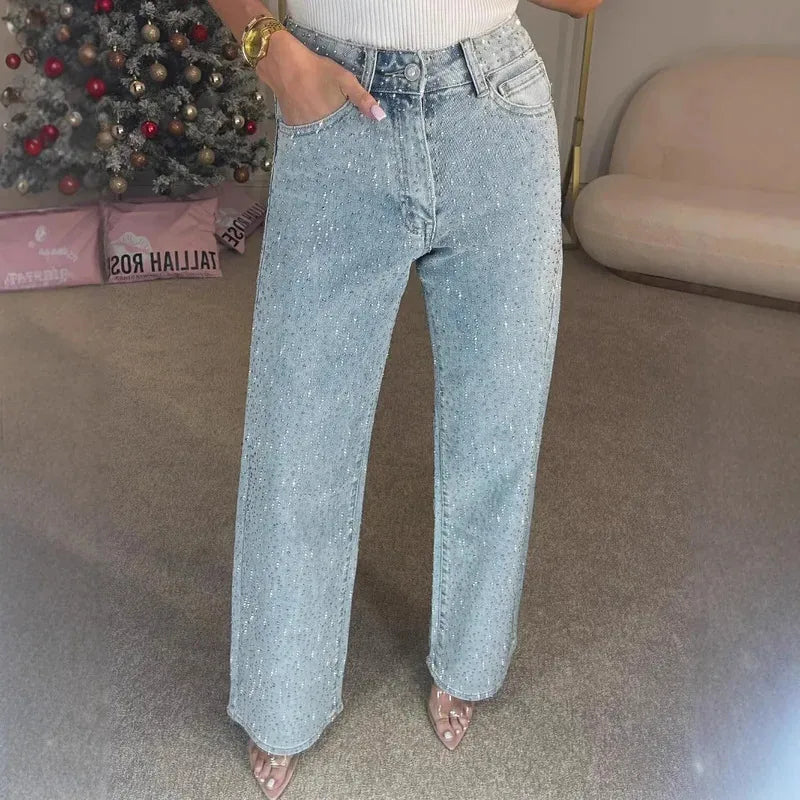2025 Women Jeans Straight Diamonds Pants Stretch High Waist Washed Mom Jeans Y2K Streetwear Trousers Vintage Denims Streetwear