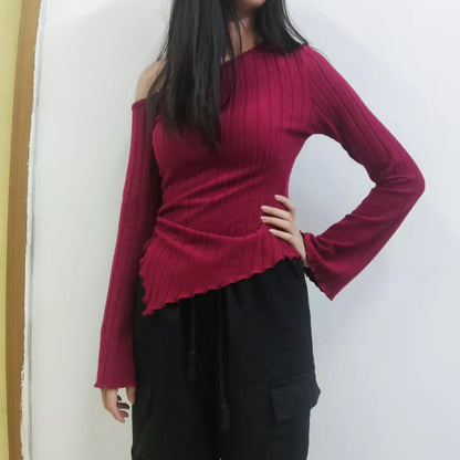 Women'S New off Shoulder Cross Long Sleeved Slim Fit Casual Street Style Asymmetrical Elegant T-Shirt Trumpet Sleeve Top