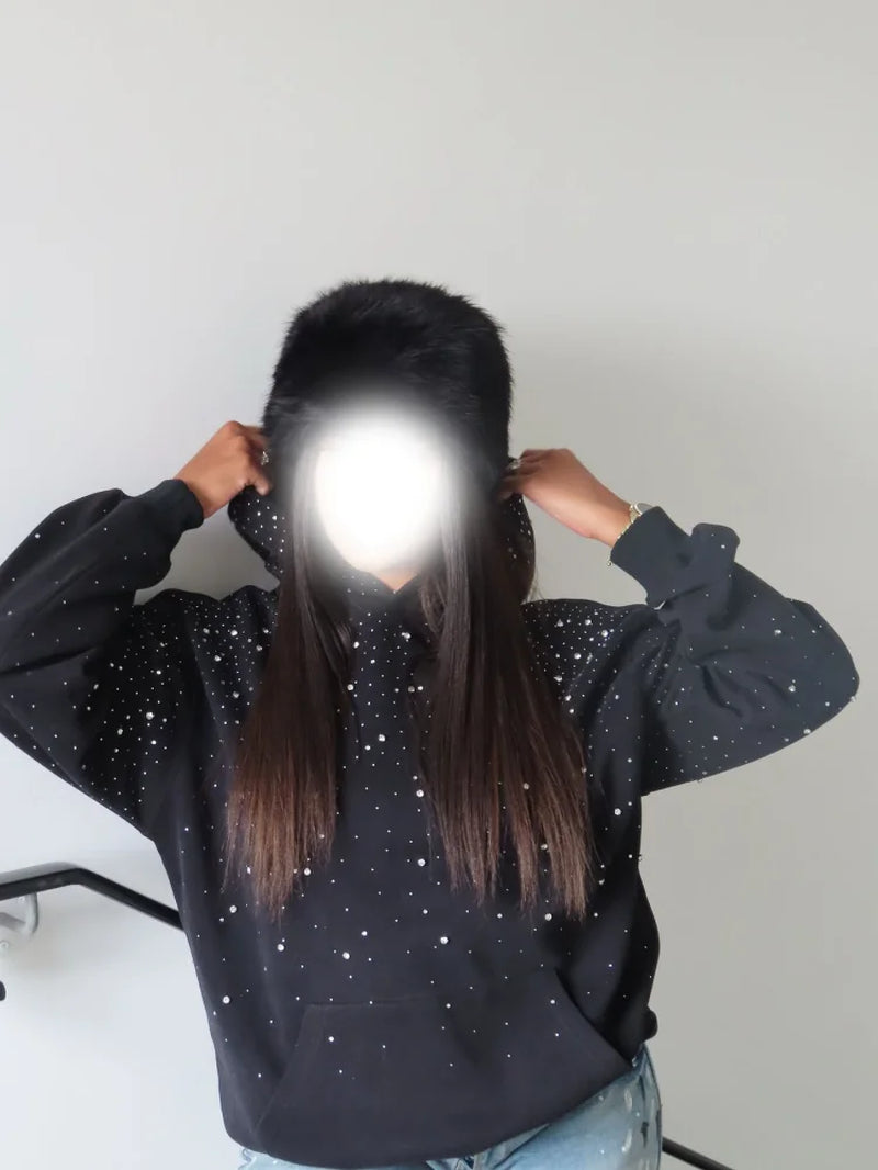 Rhinestone Studded Oversized Hoodie Women & Men Sparkle Starry Print Pullover Fall Winter Y2K Streetwear Punk Aesthetic
