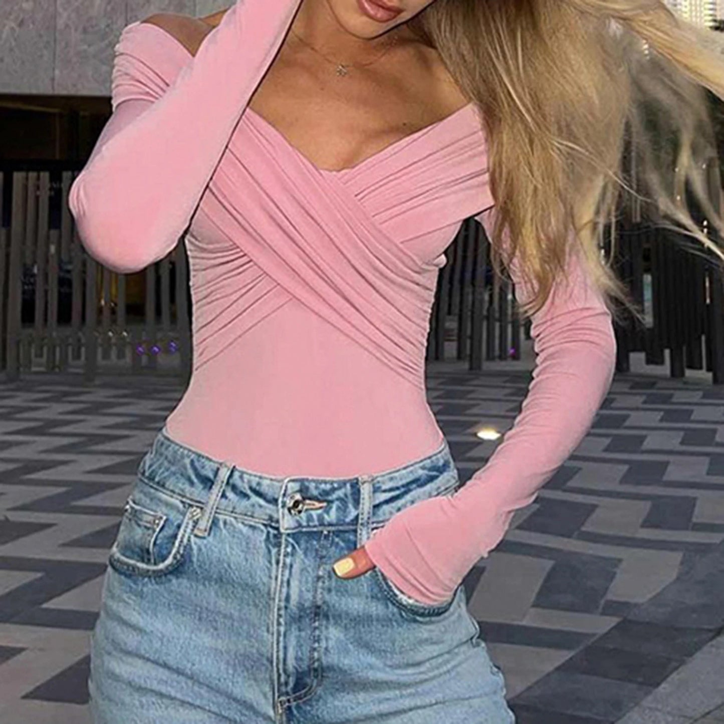 Women off Shoulder Shirts Short Shirts Fashion Front Cross Long Sleeve Slim Fit Tops Ladies Clothing Clubwear Female Streetwear