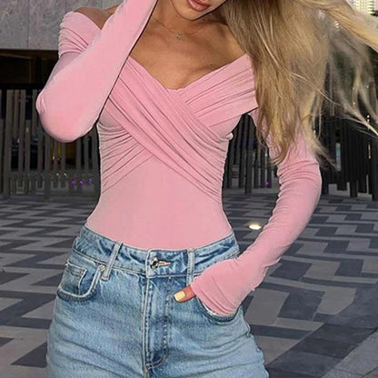 Women off Shoulder Shirts Short Shirts Fashion Front Cross Long Sleeve Slim Fit Tops Ladies Clothing Clubwear Female Streetwear
