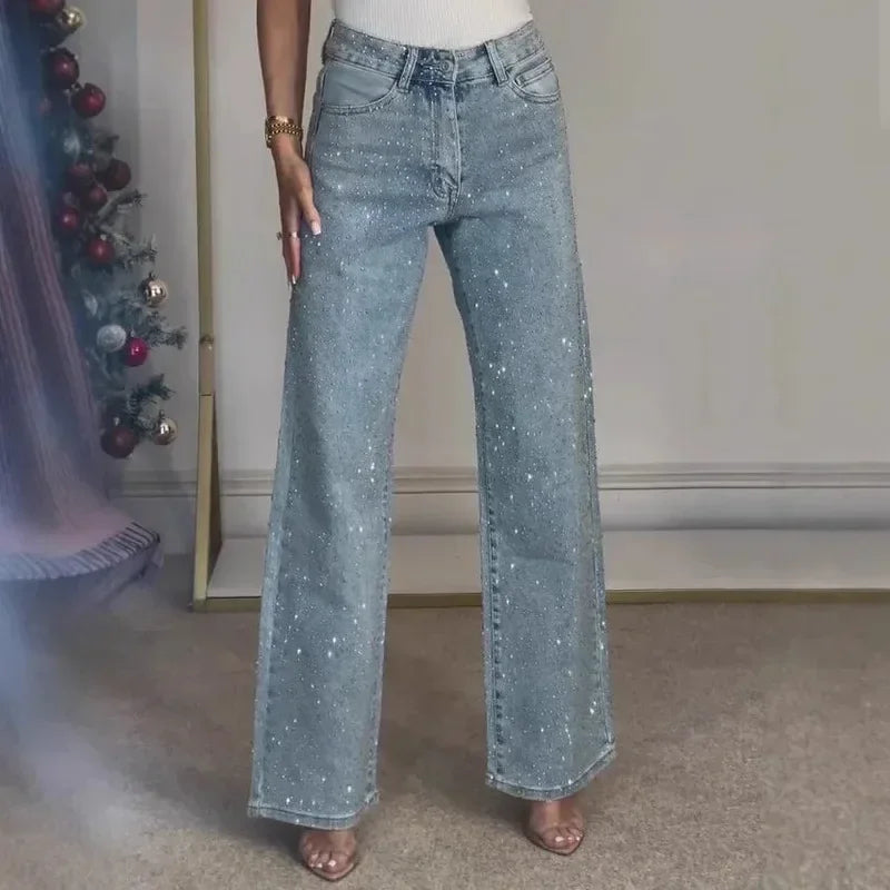 2025 Women Jeans Straight Diamonds Pants Stretch High Waist Washed Mom Jeans Y2K Streetwear Trousers Vintage Denims Streetwear
