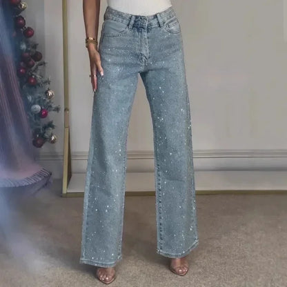 2025 Women Jeans Straight Diamonds Pants Stretch High Waist Washed Mom Jeans Y2K Streetwear Trousers Vintage Denims Streetwear