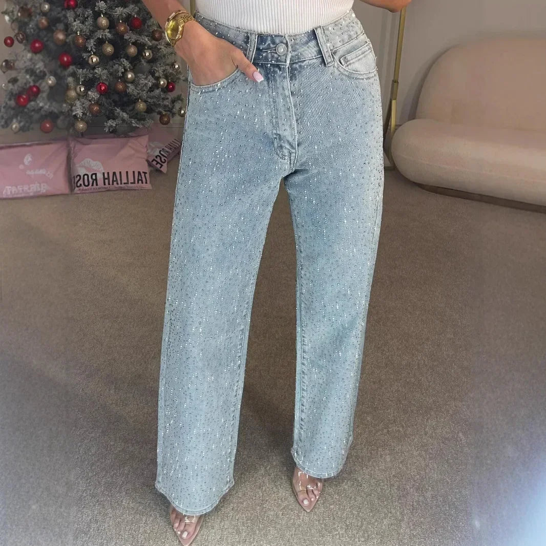 2025 Women Jeans Straight Diamonds Pants Stretch High Waist Washed Mom Jeans Y2K Streetwear Trousers Vintage Denims Streetwear