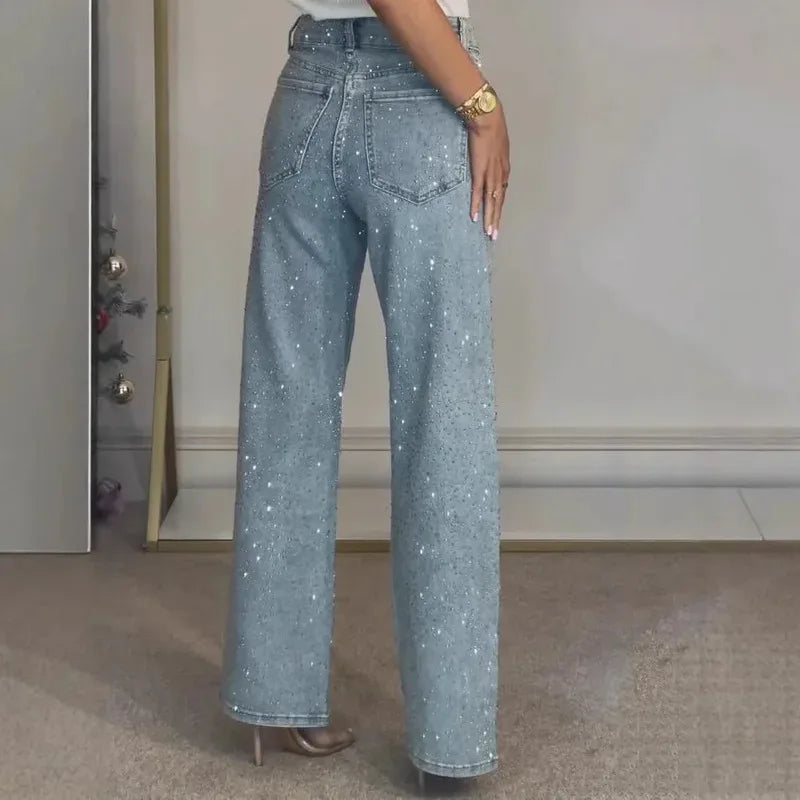 2025 Women Jeans Straight Diamonds Pants Stretch High Waist Washed Mom Jeans Y2K Streetwear Trousers Vintage Denims Streetwear