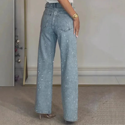 2025 Women Jeans Straight Diamonds Pants Stretch High Waist Washed Mom Jeans Y2K Streetwear Trousers Vintage Denims Streetwear